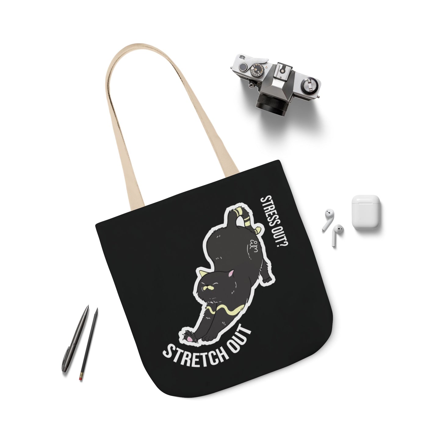 Stress Out? Stretch Out | Black Canvas Tote Bag with Color Straps
