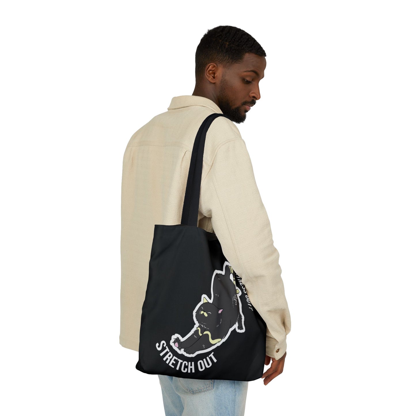 Stress Out? Stretch Out | Black Canvas Tote Bag with Color Straps