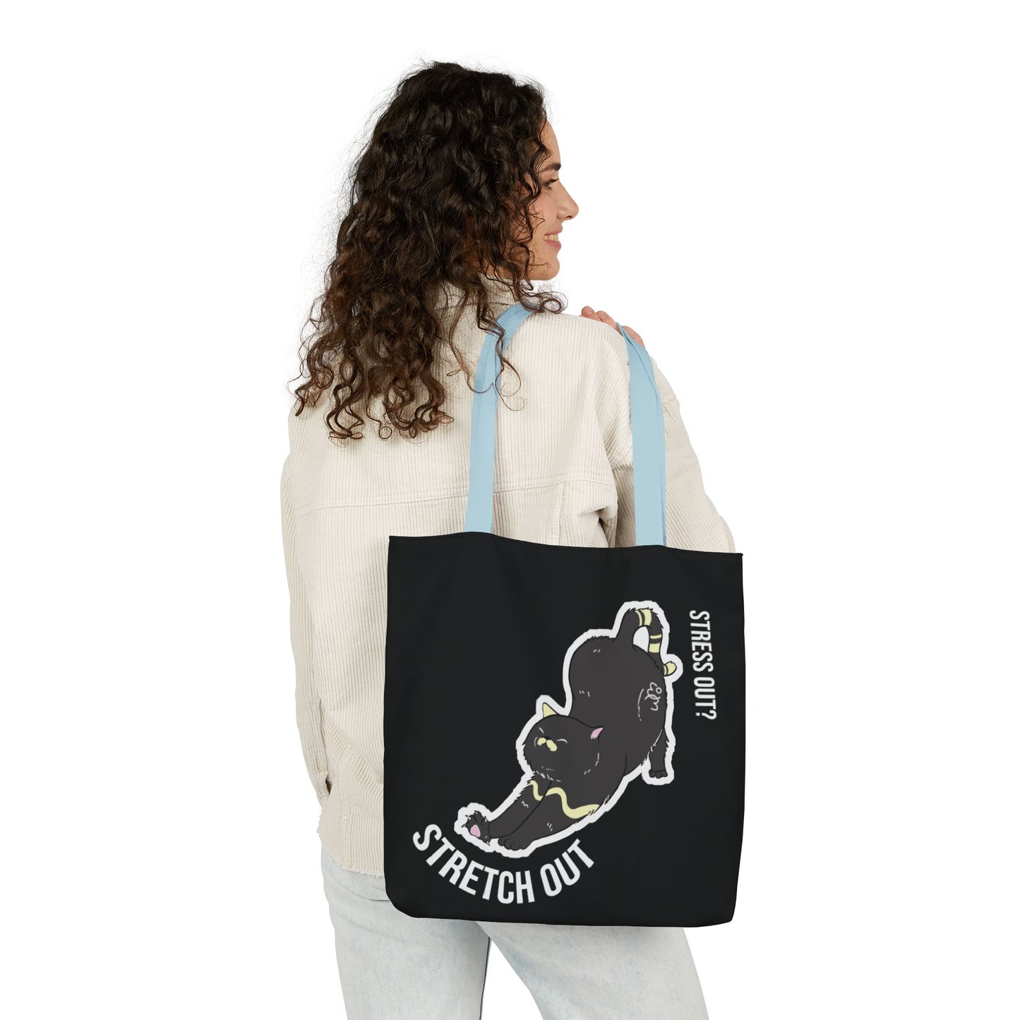 Stress Out? Stretch Out | Black Canvas Tote Bag with Color Straps