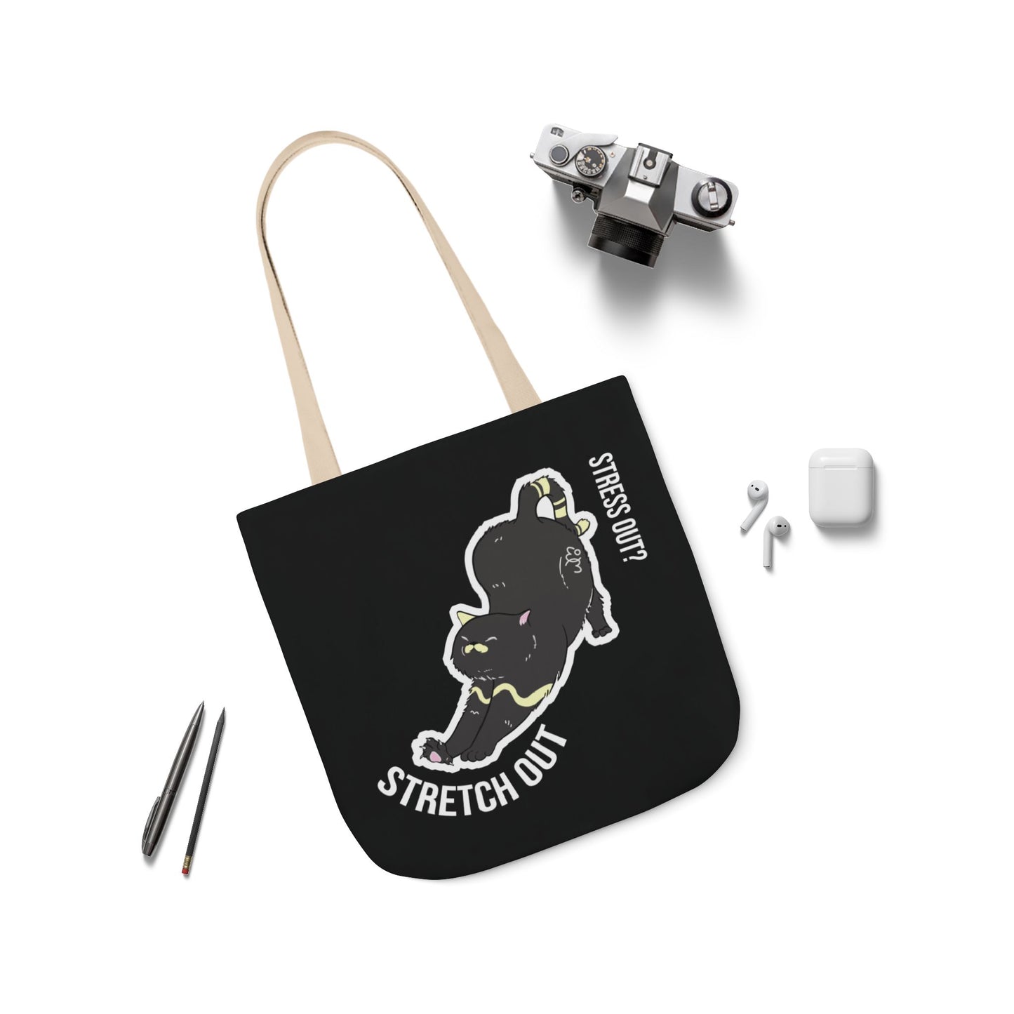 Stress Out? Stretch Out | Black Canvas Tote Bag with Color Straps
