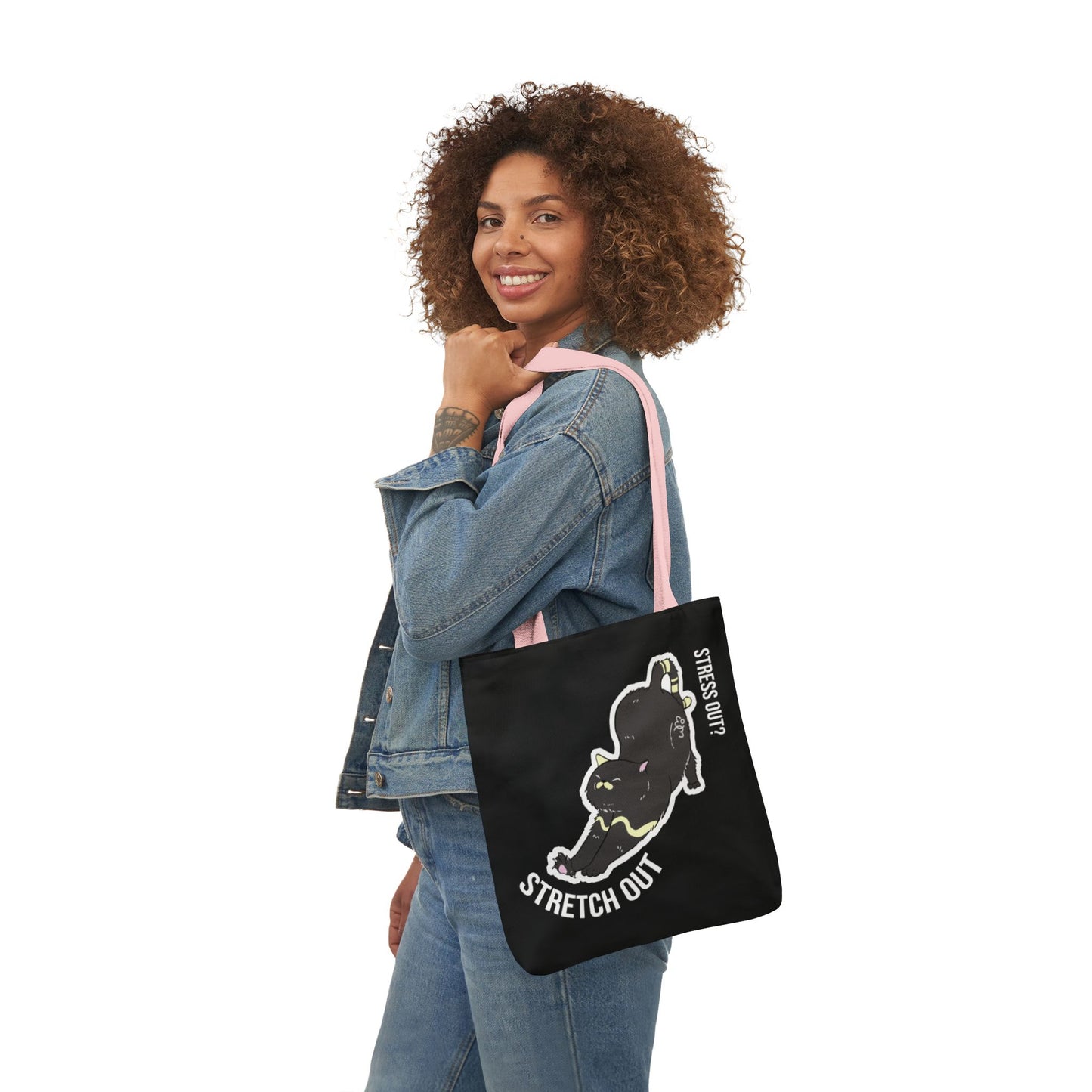 Stress Out? Stretch Out | Black Canvas Tote Bag with Color Straps