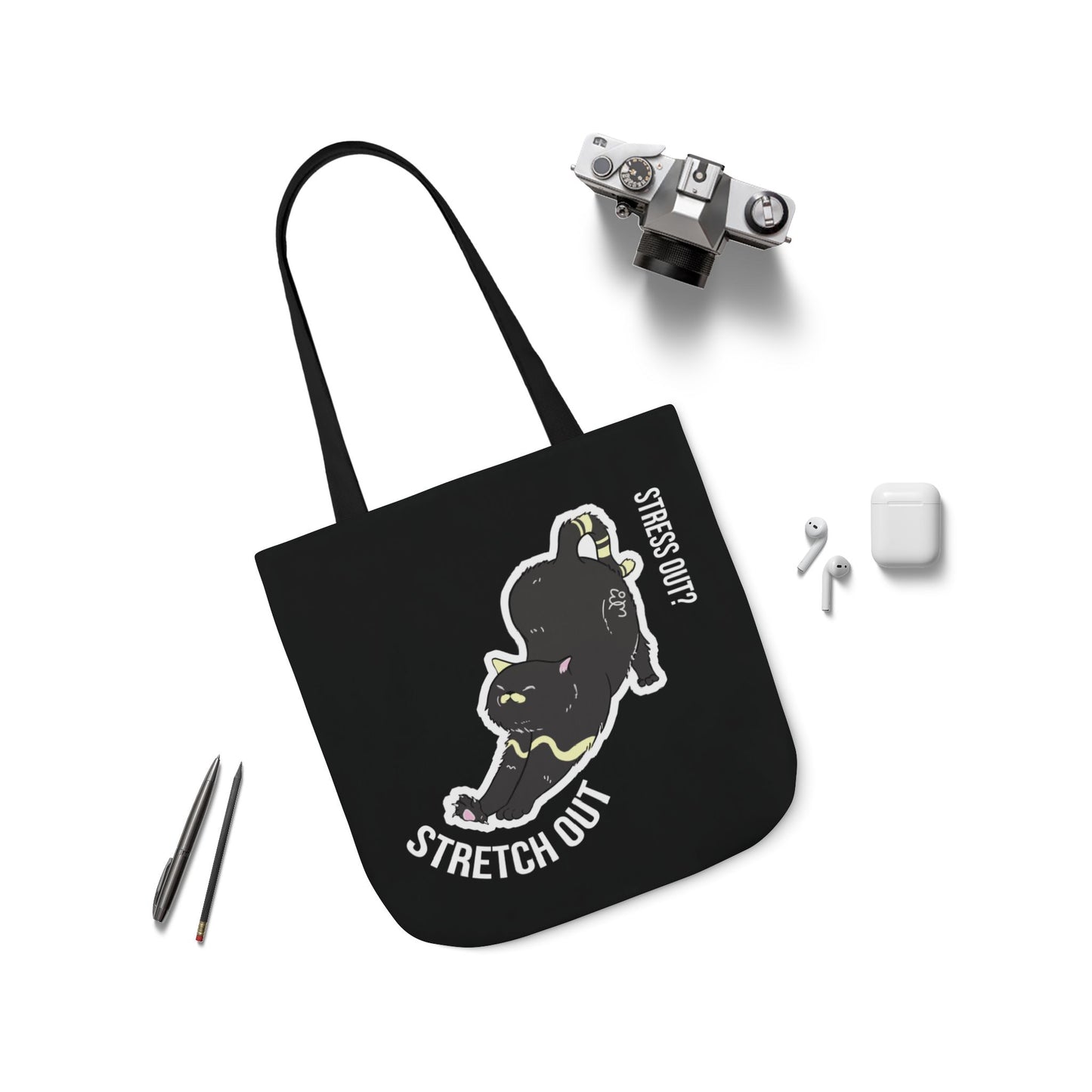 Stress Out? Stretch Out | Black Canvas Tote Bag with Color Straps