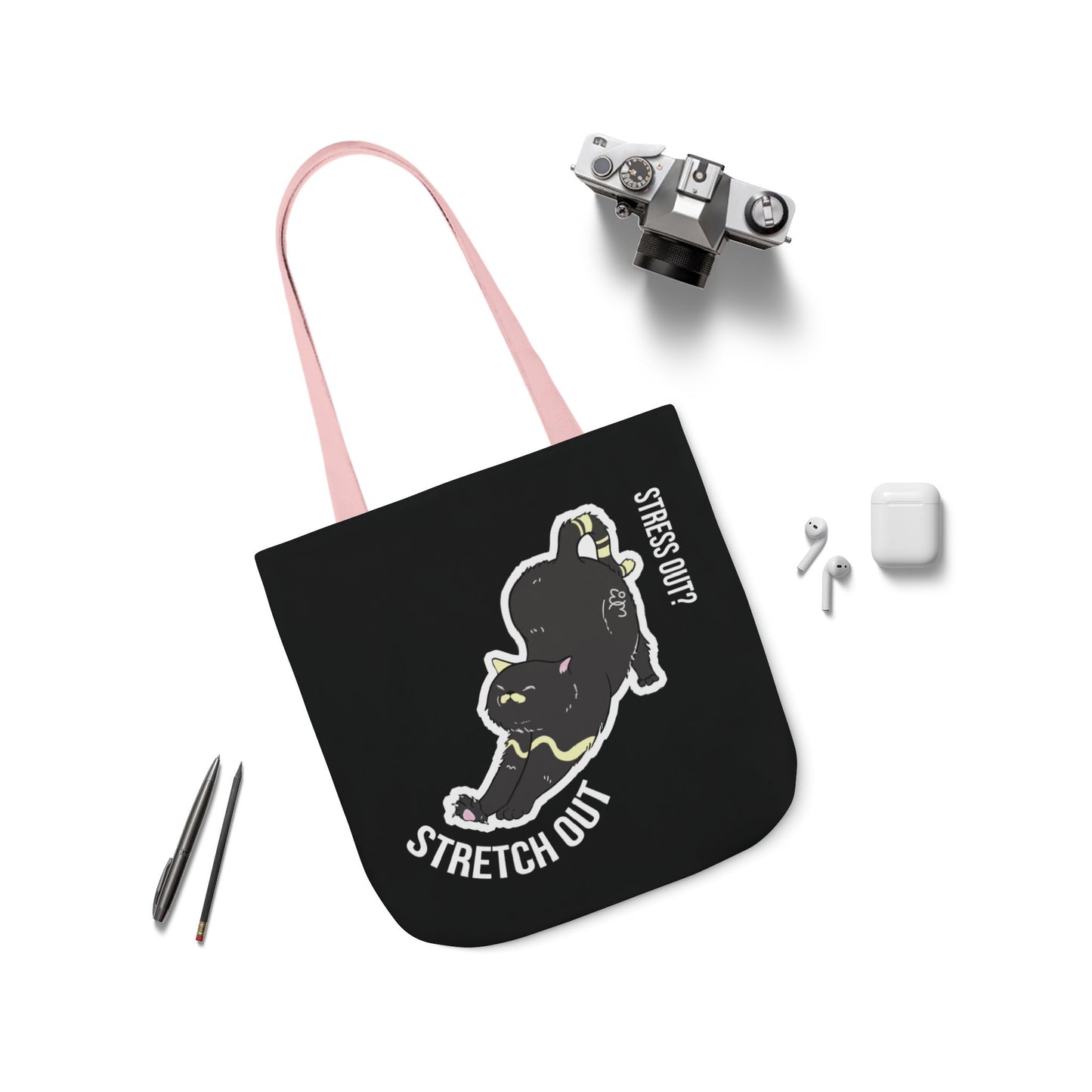 Stress Out? Stretch Out | Black Canvas Tote Bag with Color Straps