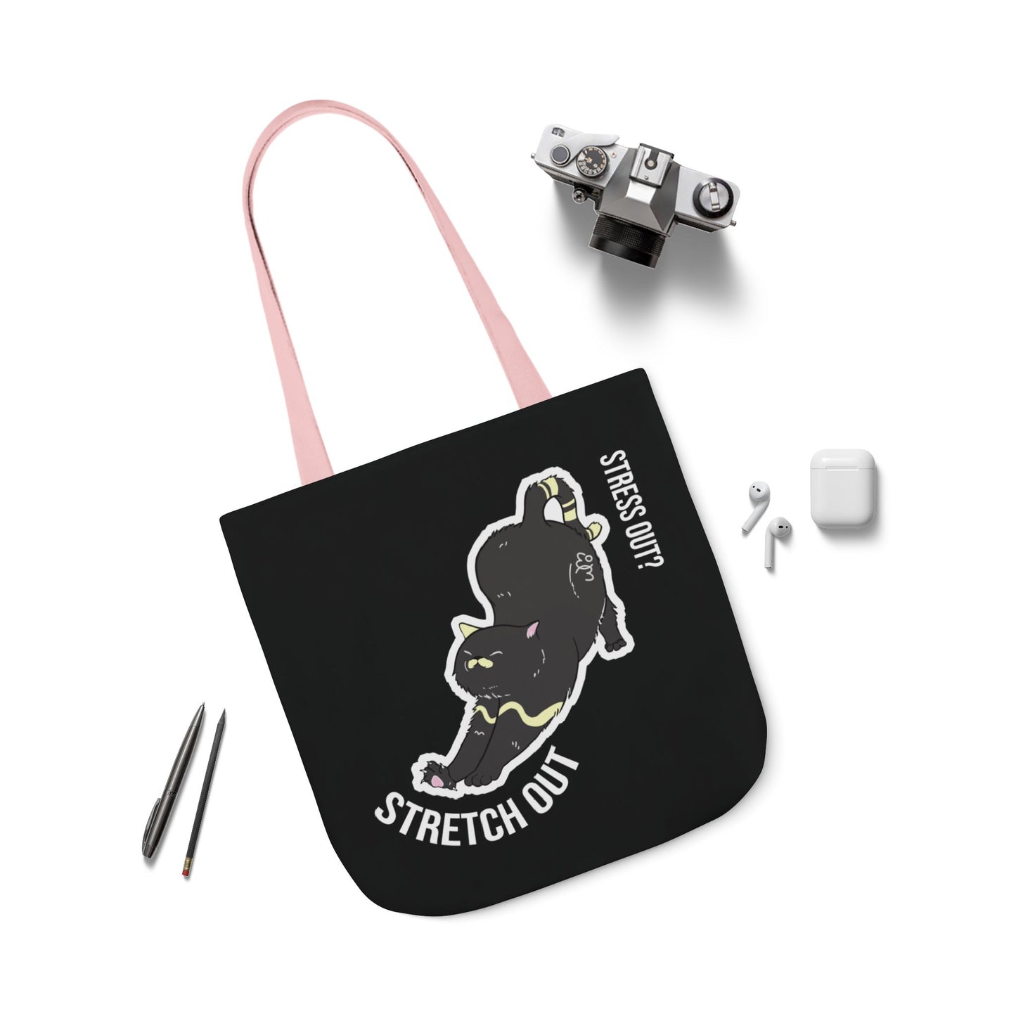 Stress Out? Stretch Out | Black Canvas Tote Bag with Color Straps