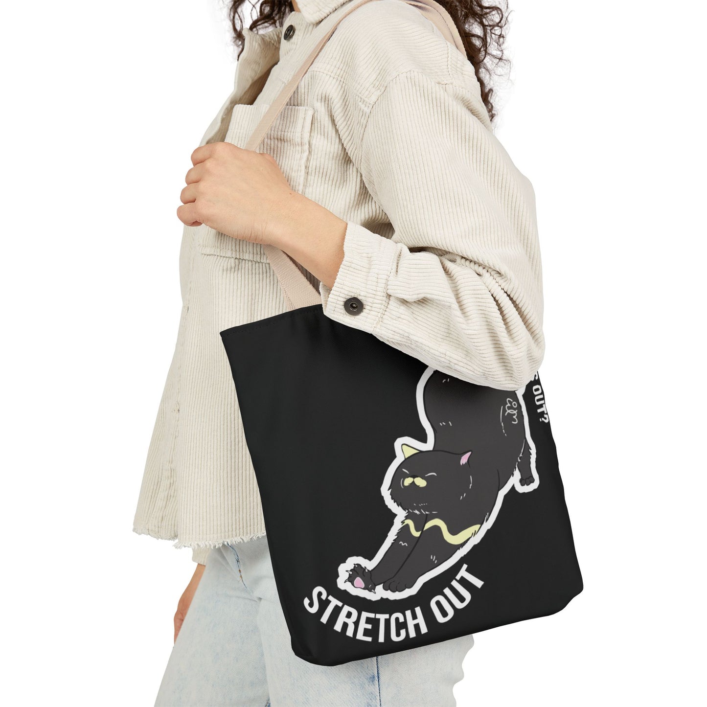 Stress Out? Stretch Out | Black Canvas Tote Bag with Color Straps