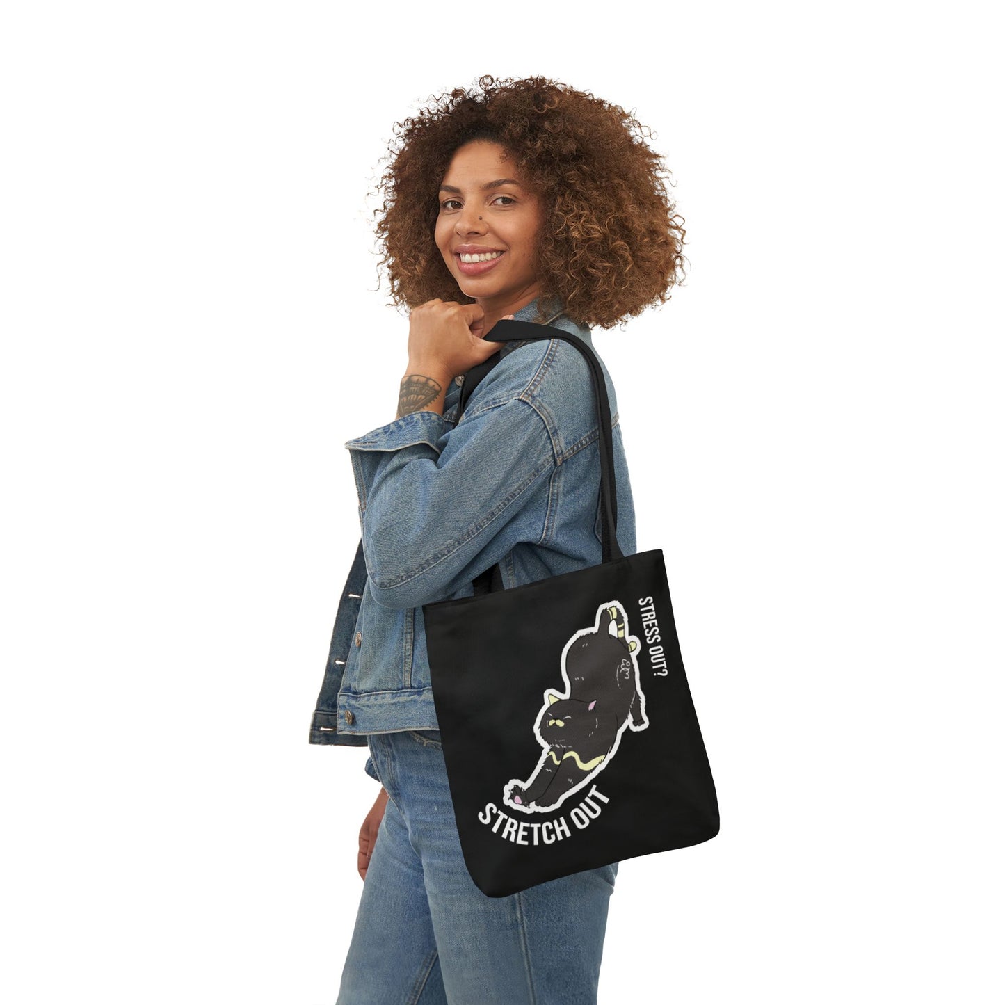 Stress Out? Stretch Out | Black Canvas Tote Bag with Color Straps