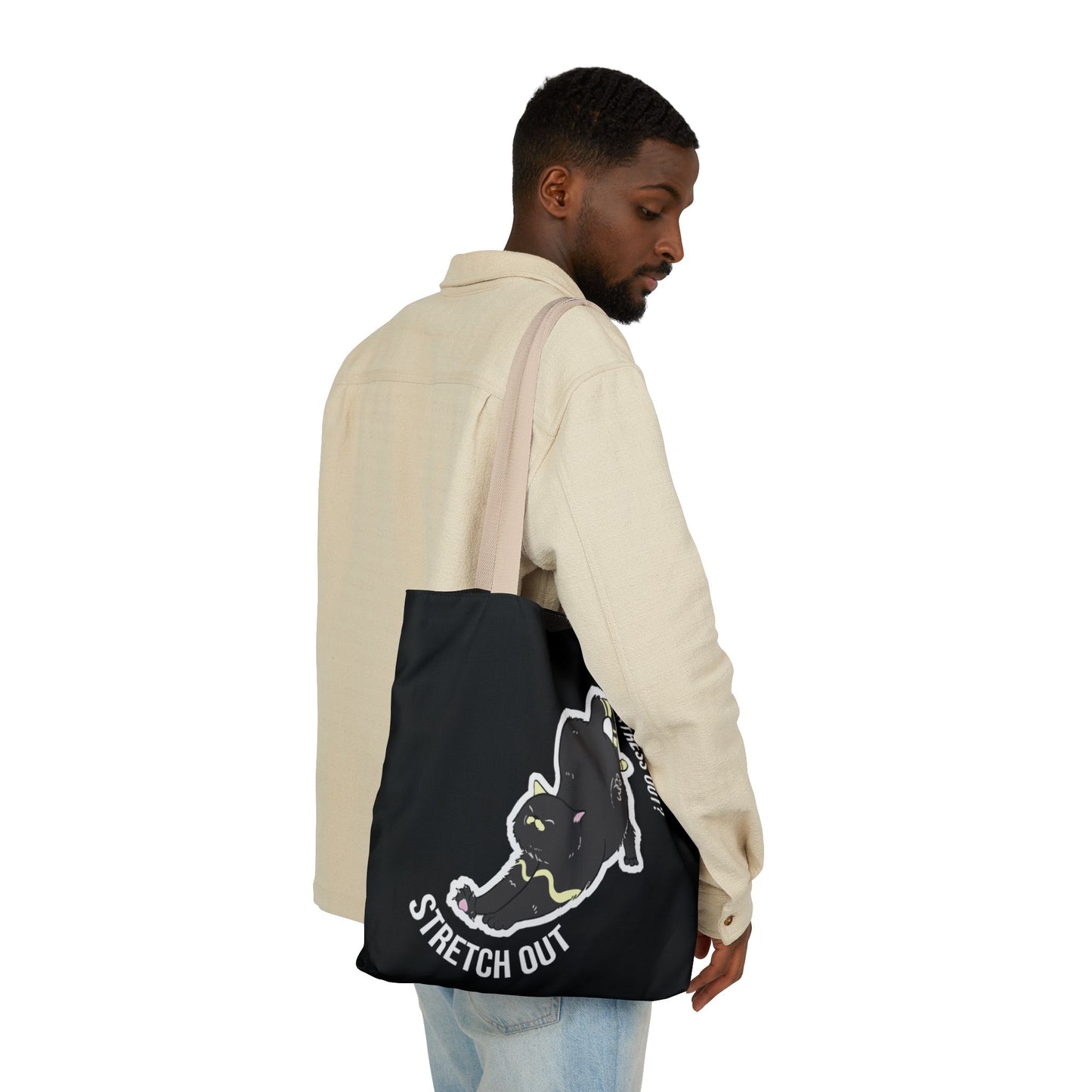 Stress Out? Stretch Out | Black Canvas Tote Bag with Color Straps