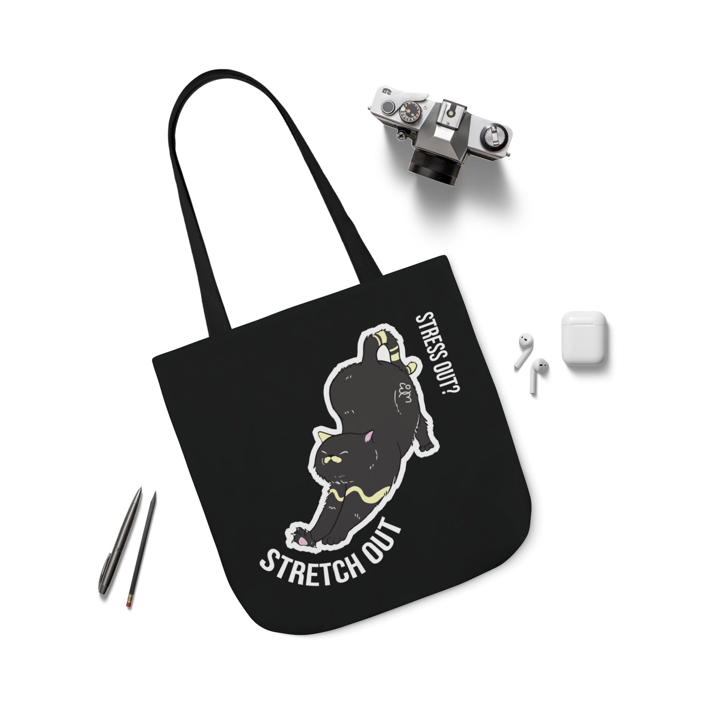 Stress Out? Stretch Out | Black Canvas Tote Bag with Color Straps