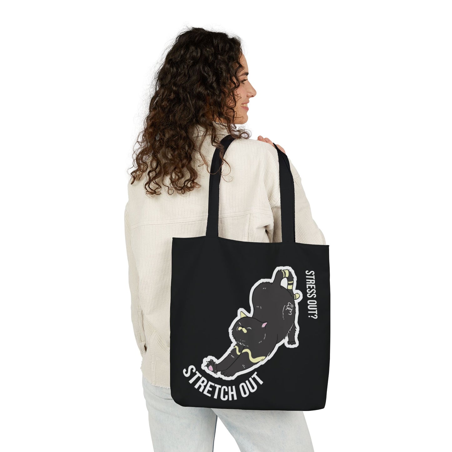 Stress Out? Stretch Out | Black Canvas Tote Bag with Color Straps