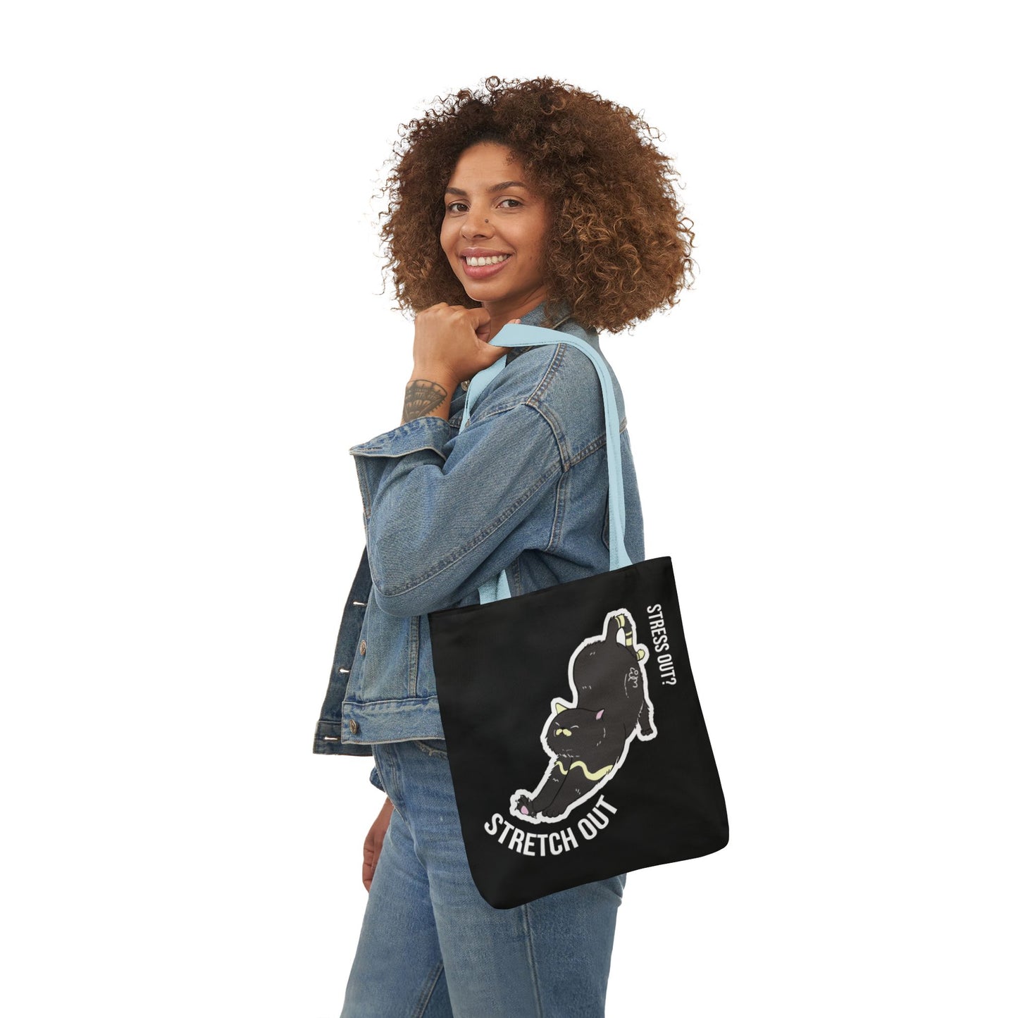 Stress Out? Stretch Out | Black Canvas Tote Bag with Color Straps