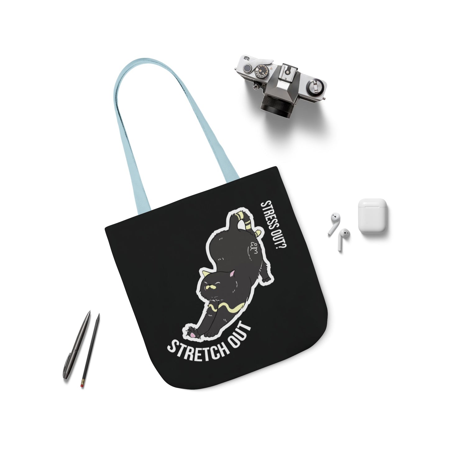 Stress Out? Stretch Out | Black Canvas Tote Bag with Color Straps