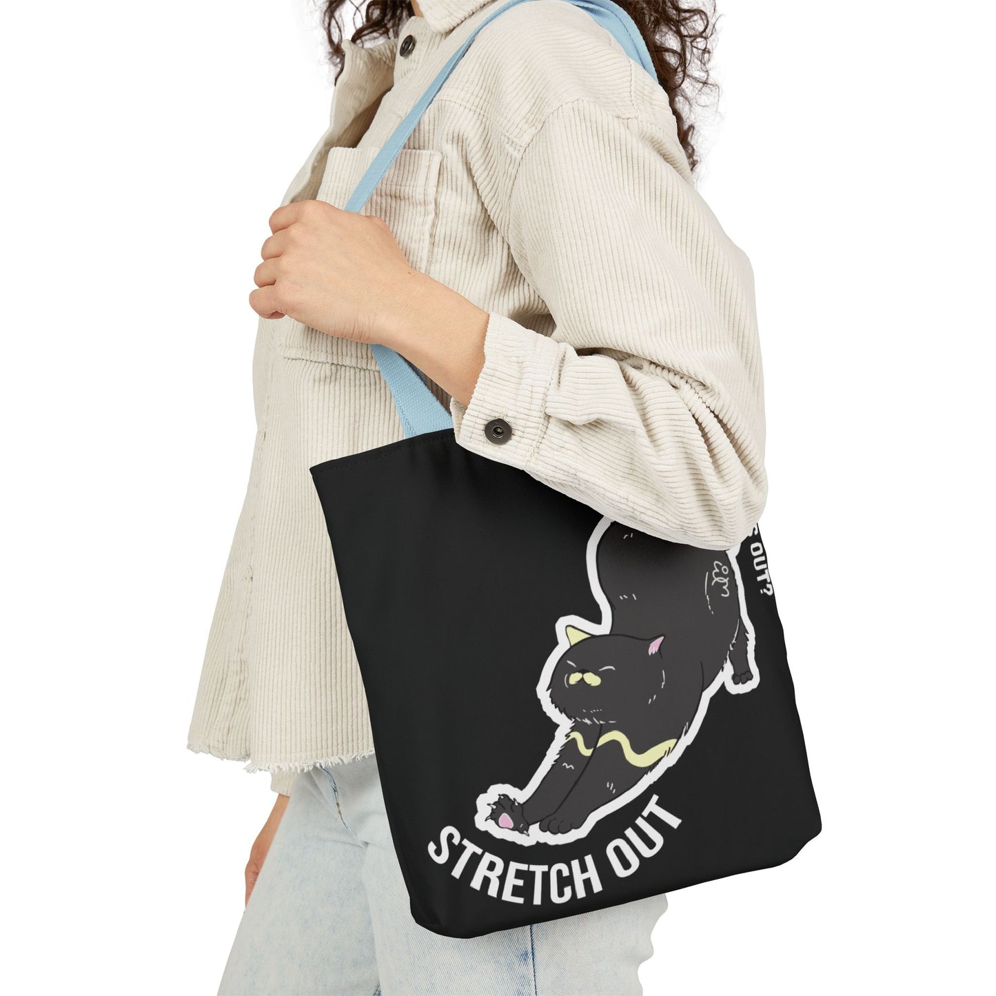 Stress Out? Stretch Out | Black Canvas Tote Bag with Color Straps