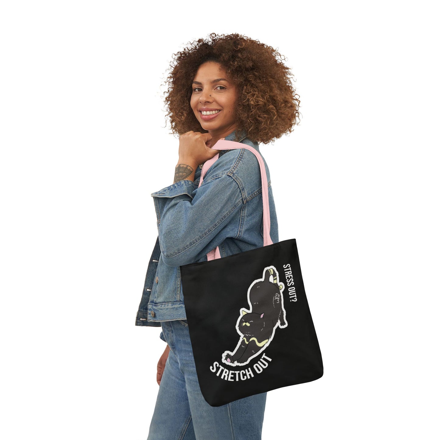 Stress Out? Stretch Out | Black Canvas Tote Bag with Color Straps