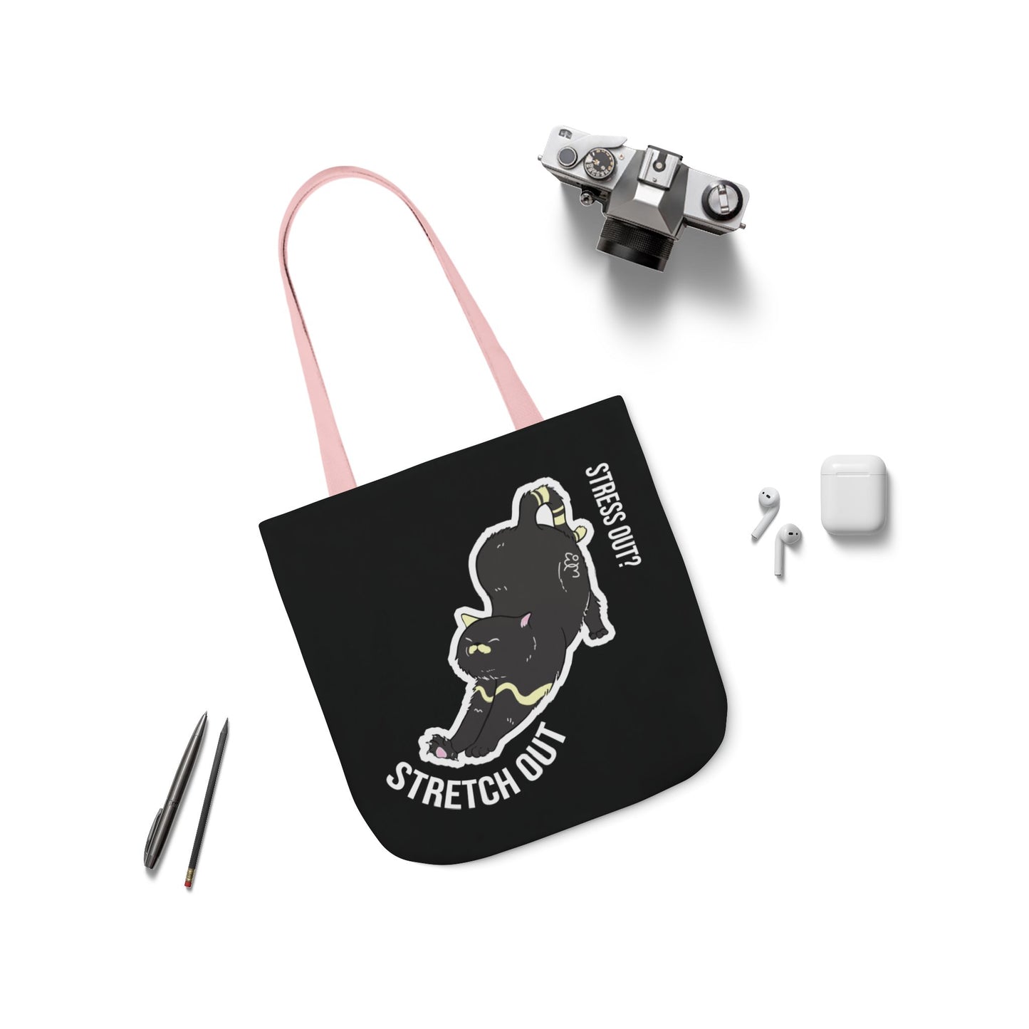 Stress Out? Stretch Out | Black Canvas Tote Bag with Color Straps