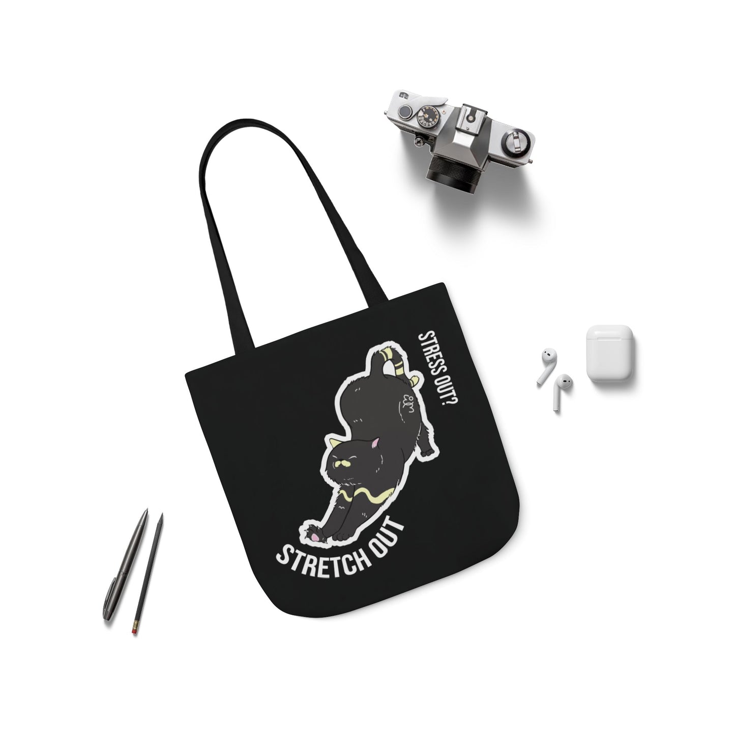 Stress Out? Stretch Out | Black Canvas Tote Bag with Color Straps