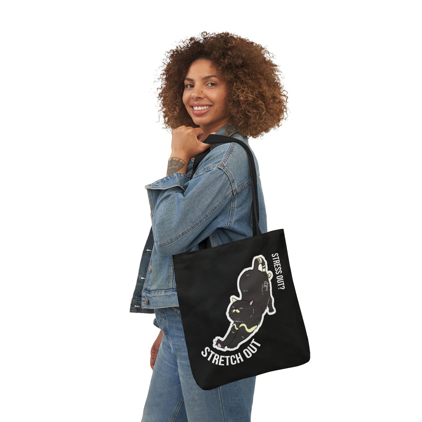 Stress Out? Stretch Out | Black Canvas Tote Bag with Color Straps
