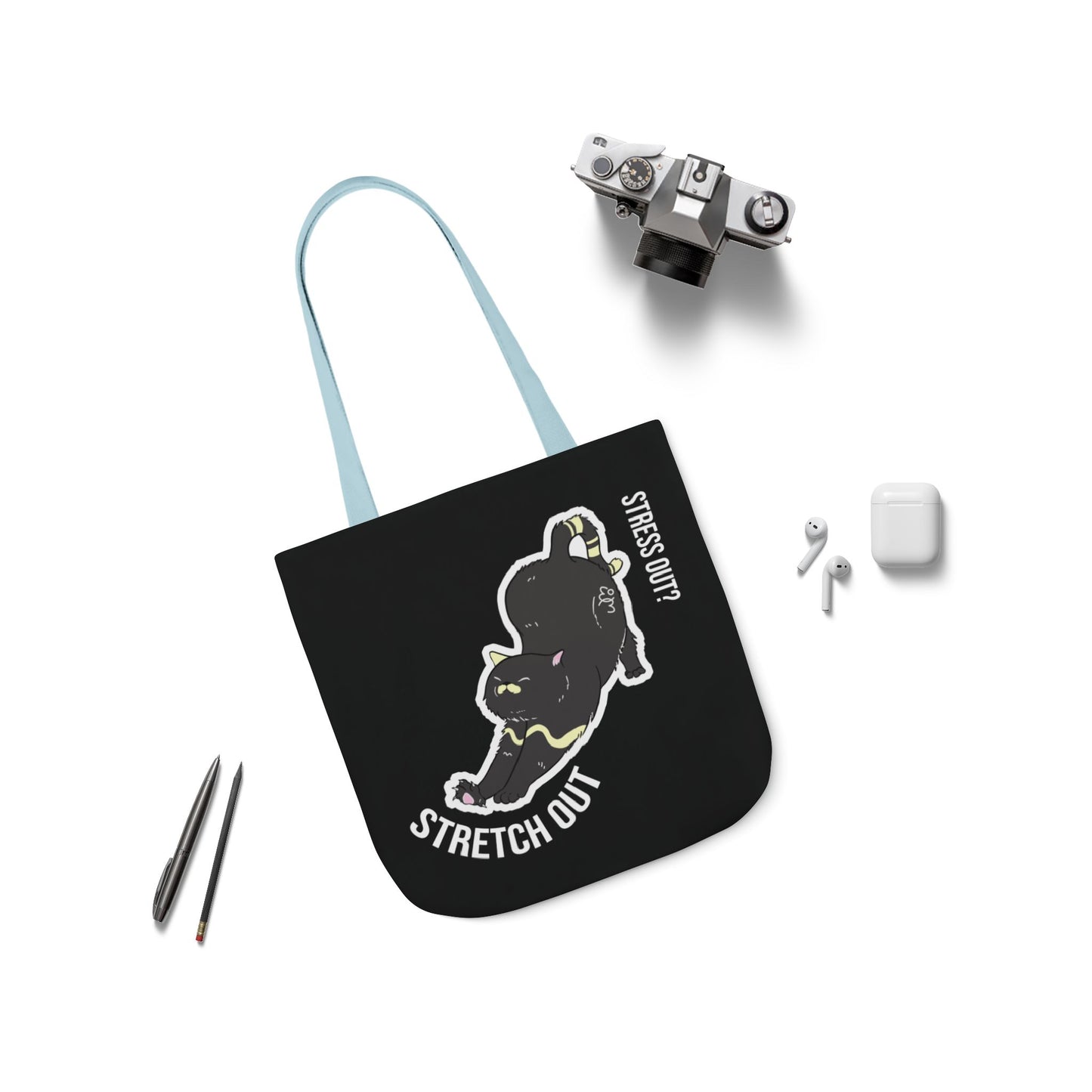 Stress Out? Stretch Out | Black Canvas Tote Bag with Color Straps