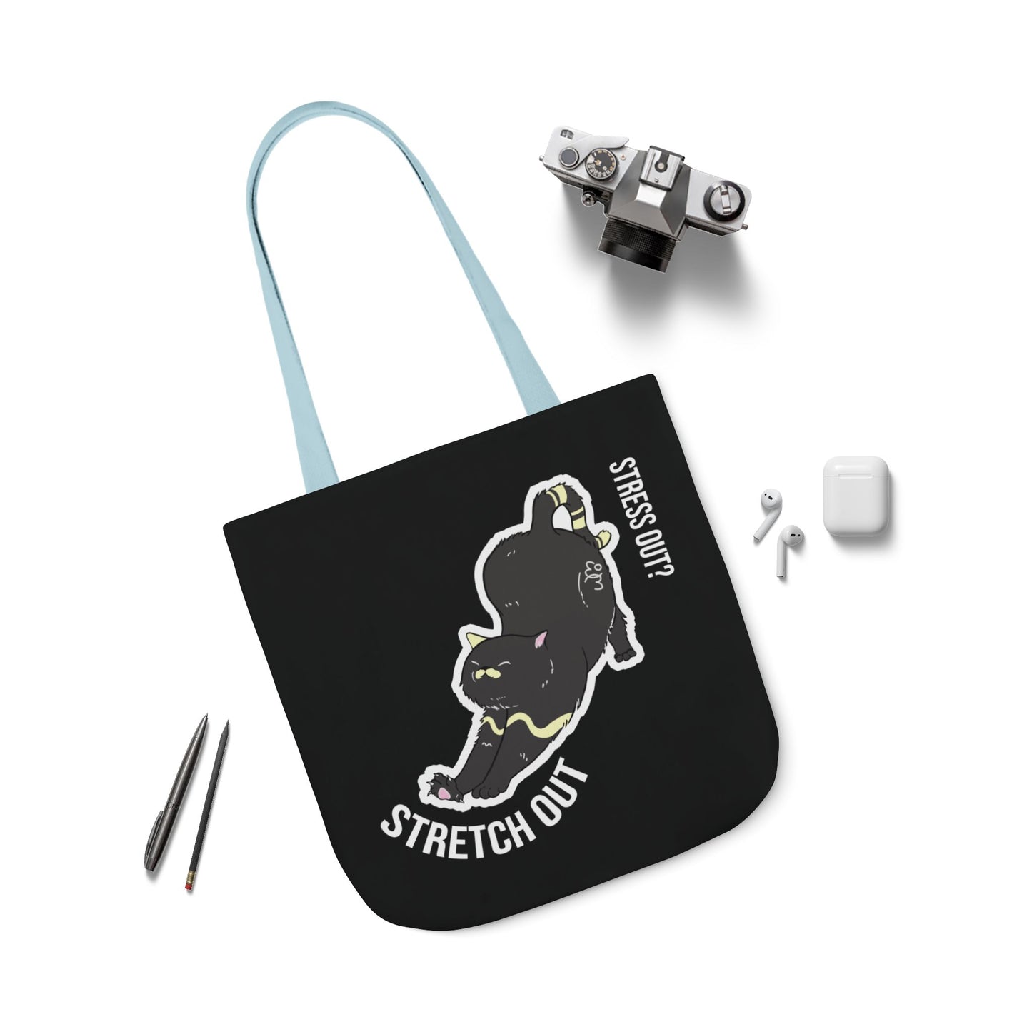 Stress Out? Stretch Out | Black Canvas Tote Bag with Color Straps