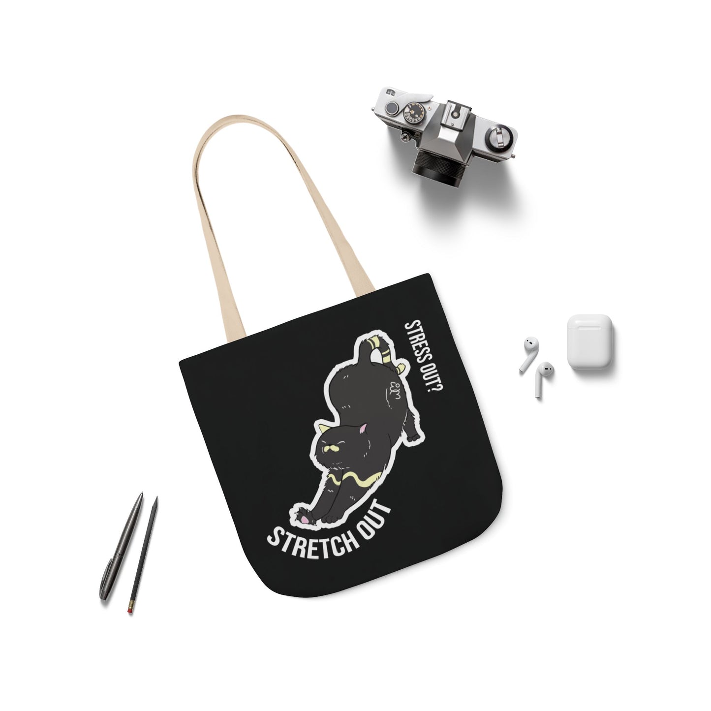 Stress Out? Stretch Out | Black Canvas Tote Bag with Color Straps
