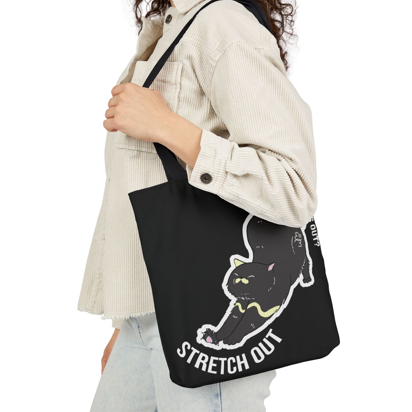 Stress Out? Stretch Out | Black Canvas Tote Bag with Color Straps
